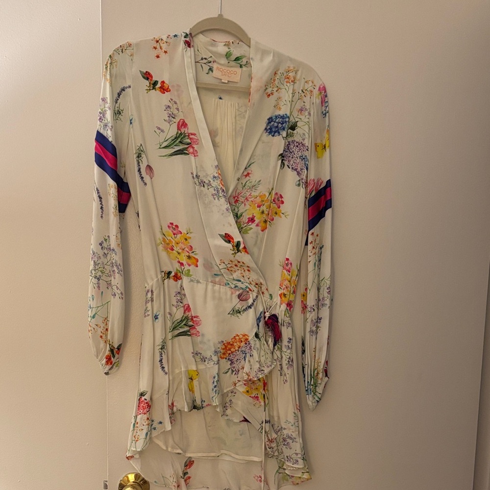 Rococo Sand White Floral Wrap Dress with Pink & Blue Stripe Detail